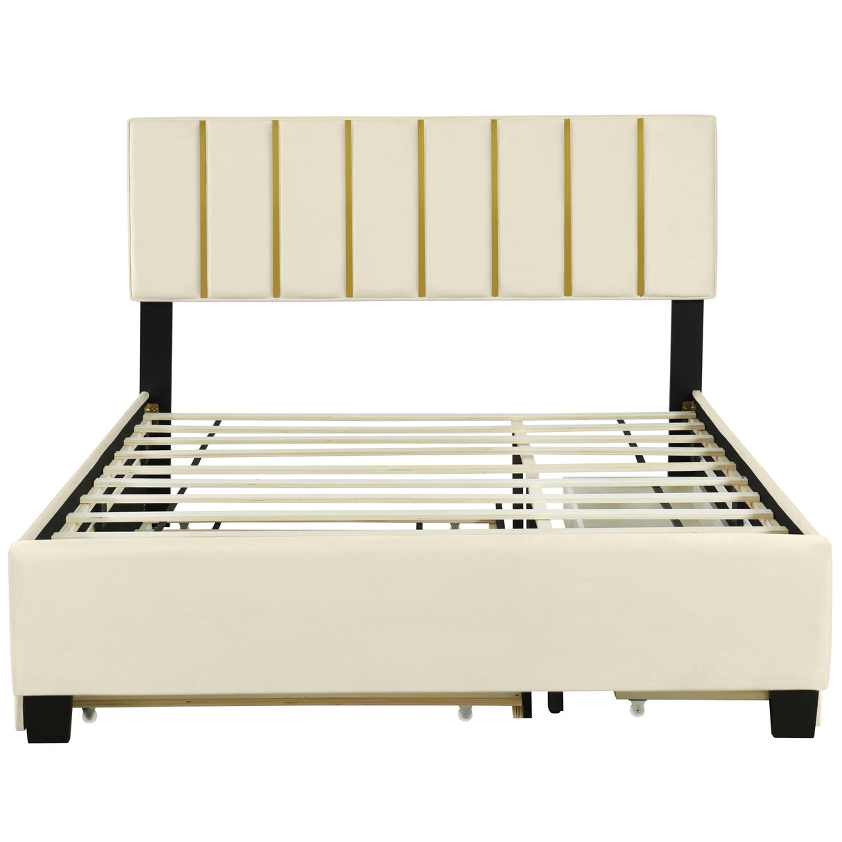 Queen Size Upholstered Platform Bed with 2 Drawers and 1 Trundle, Classic Metal Strip Headboard Design, Beige - V.I.P Digital Presence