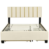 Queen Size Upholstered Platform Bed with 2 Drawers and 1 Trundle, Classic Metal Strip Headboard Design, Beige - V.I.P Digital Presence