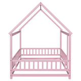 Full Size Floor Wooden Bed with House Roof Frame, Fence Guardrails ,Pink - V.I.P Digital Presence