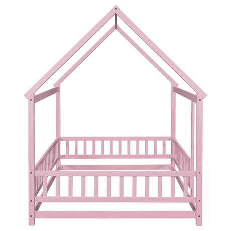 Full Size Floor Wooden Bed with House Roof Frame, Fence Guardrails ,Pink - V.I.P Digital Presence