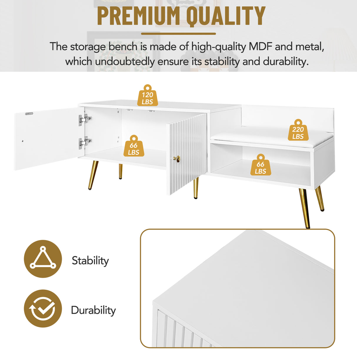 Modern Shoe Storage Bench with Hidden Storage and Upholstered Cushions for Bedside, Living Room and Entryway (White) - V.I.P Digital Presence