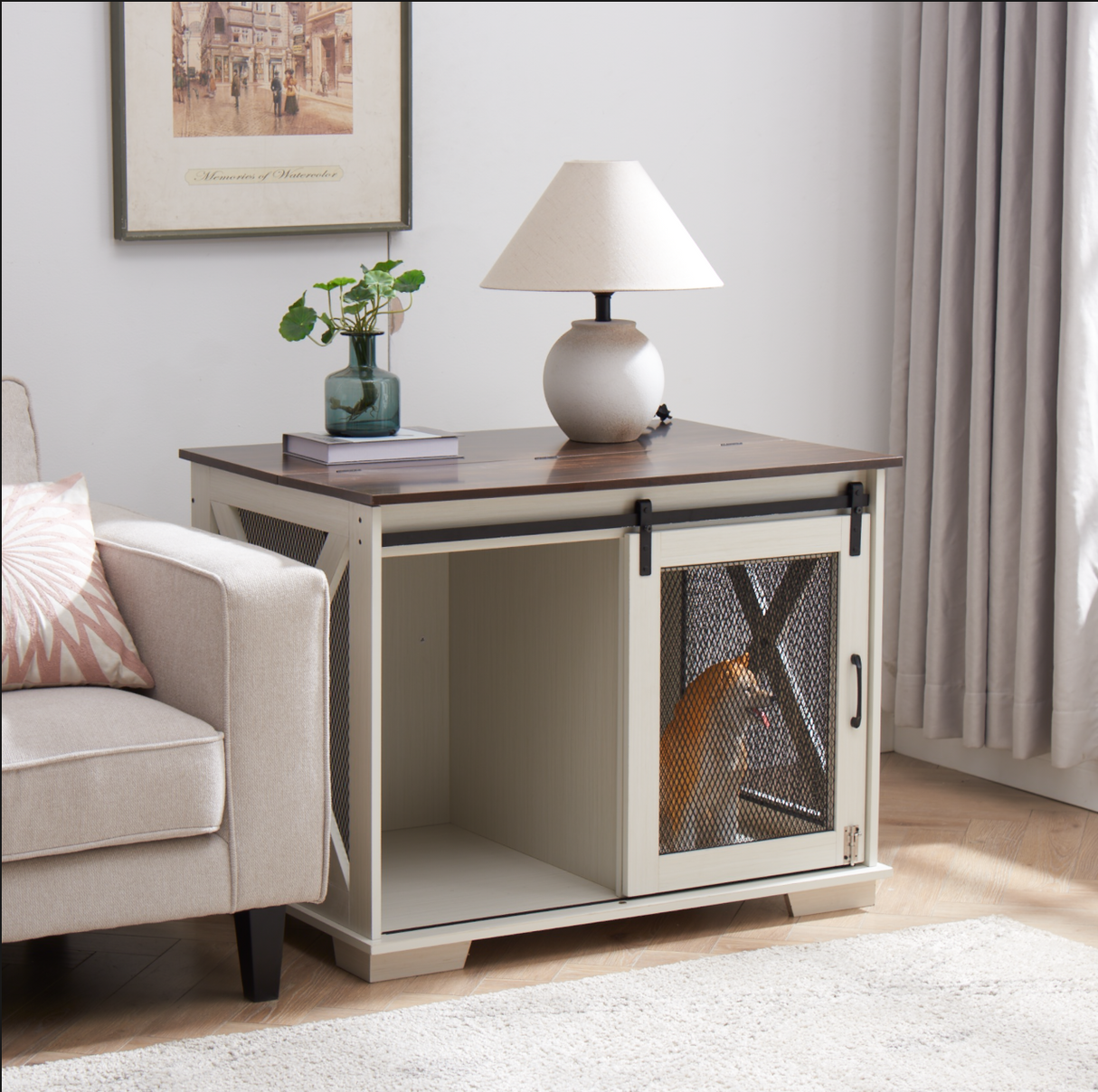 Farm kennel Flat noodles furniture with sliding barn door, farm wooden kennel end table, dog house with removable partition - V.I.P Digital Presence