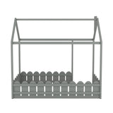 {Slats are not included}Twin Size Wood Bed House Bed Frame with Fence for Kids Teens Girls Boys {Gray}
