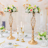 Wrought Iron Metal Flower Stand with Crystal Acrylic Beads Hanging Flower Arrangement, Gold-Plated Decoration for Wedding Tables - V.I.P Digital Presence