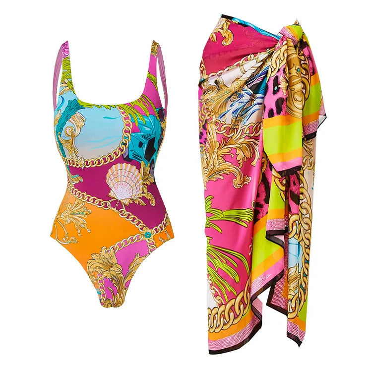 Cartoon print contrasting one-piece swimsuit set for women - V.I.P Digital Presence