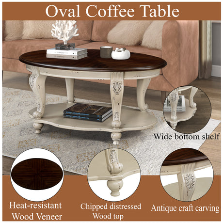 42 inch oval wooden coffee table, 2-story solid wood cocktail table with open storage rack, antique white and cherry tabletop - V.I.P Digital Presence