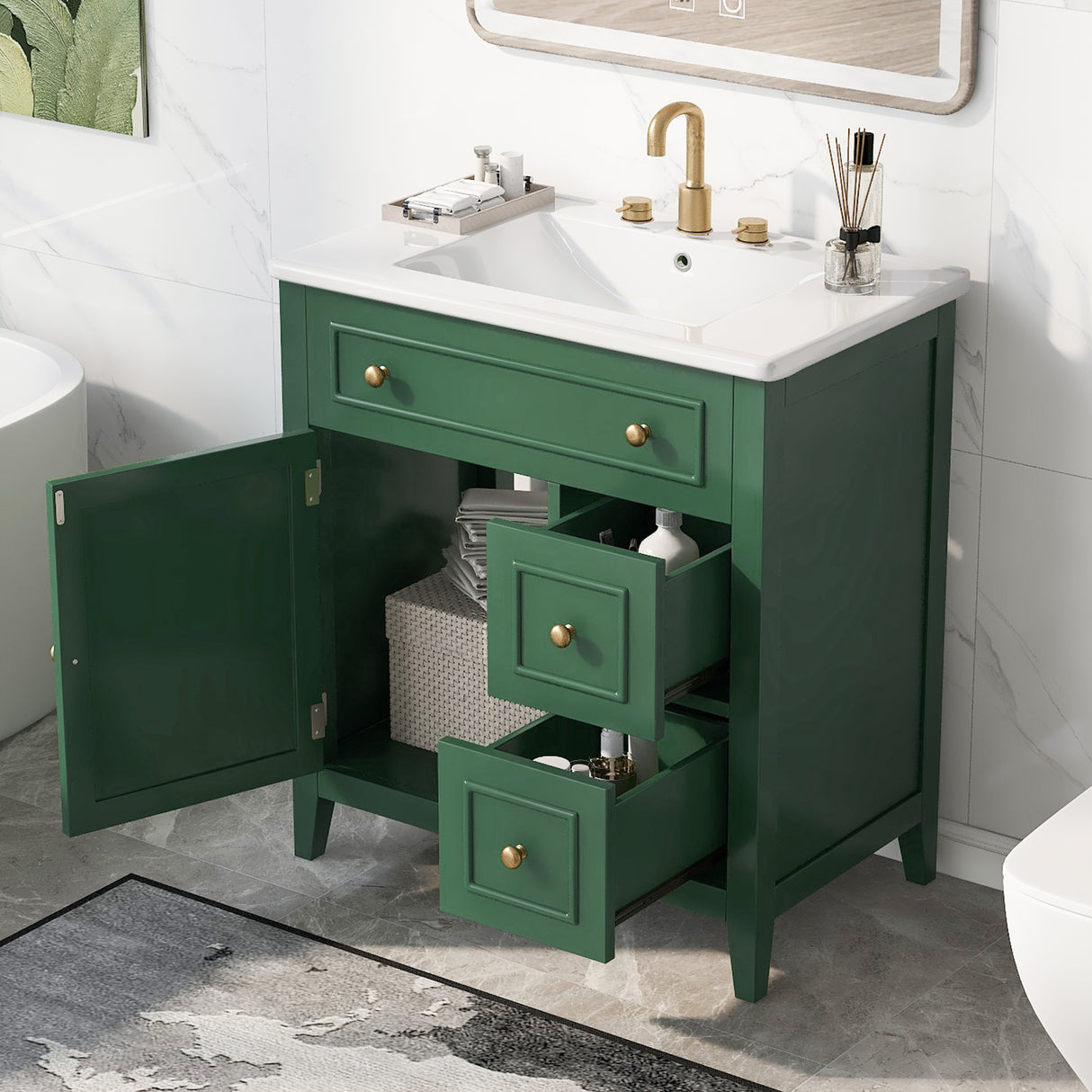 30" Bathroom Vanity with Sink Top, Bathroom Vanity Cabinet with Door and Two Drawers, Solid Wood Frame, One Package, Green - V.I.P Digital Presence