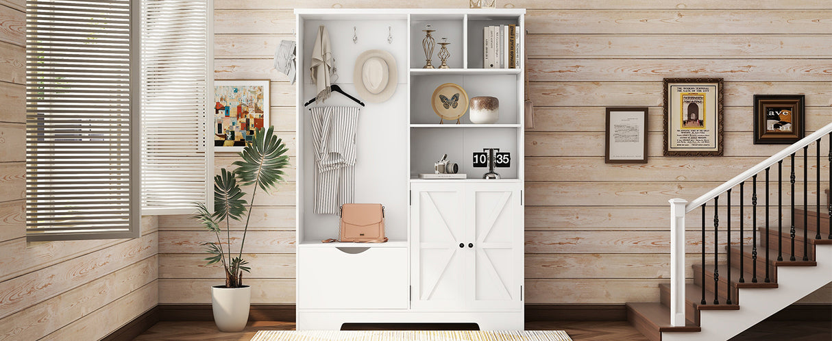 Multi-functional Hall Tree with Storage Shelves Drawers Cabinet Elegant Hallway Shoe Cabinet with Bench Modern Coat Rack White - V.I.P Digital Presence