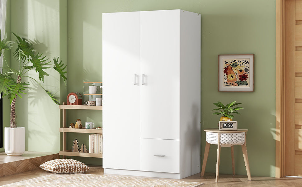 Wooden Wardrobe with Double Doors, Armoire with Hanging Rod, 5 Fixed Shelves, One Storage Drawer,White - V.I.P Digital Presence