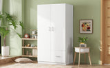 Wooden Wardrobe with Double Doors, Armoire with Hanging Rod, 5 Fixed Shelves, One Storage Drawer,White - V.I.P Digital Presence