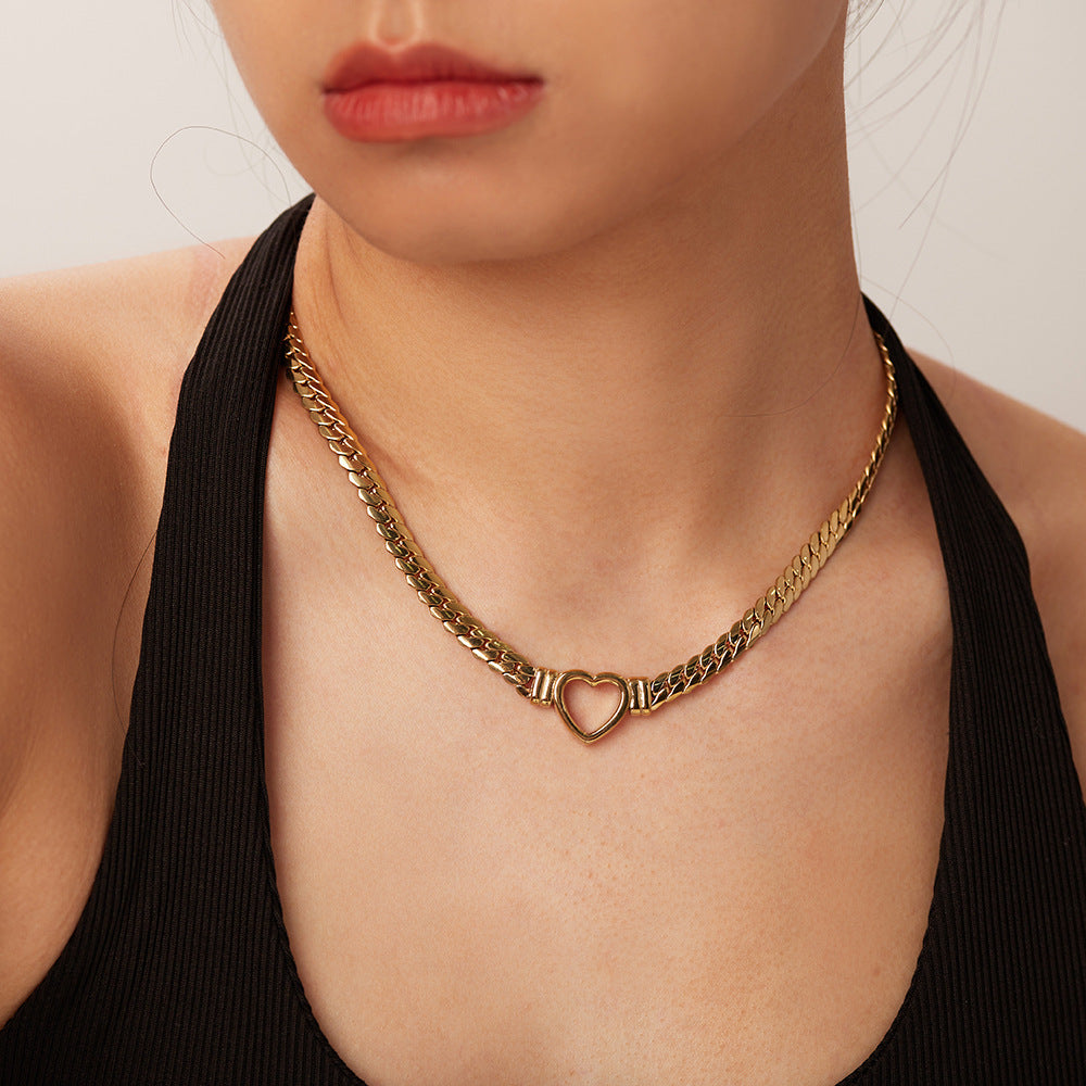 Stainless steel Cuban chain heart-shaped necklace with hollowed out flat snake chain heart pendant necklace for women - V.I.P Digital Presence