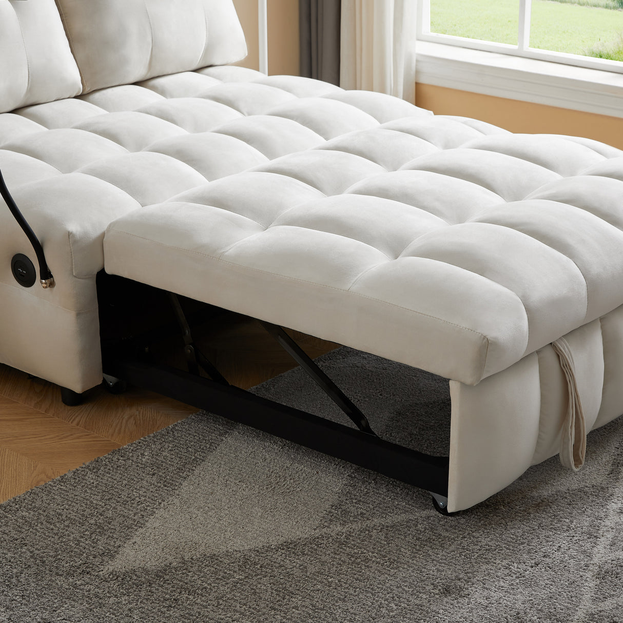 Modern sofa velvet pull-out bed,Independently removable backrest, have USB port and swivel phone stand ,beige - V.I.P Digital Presence