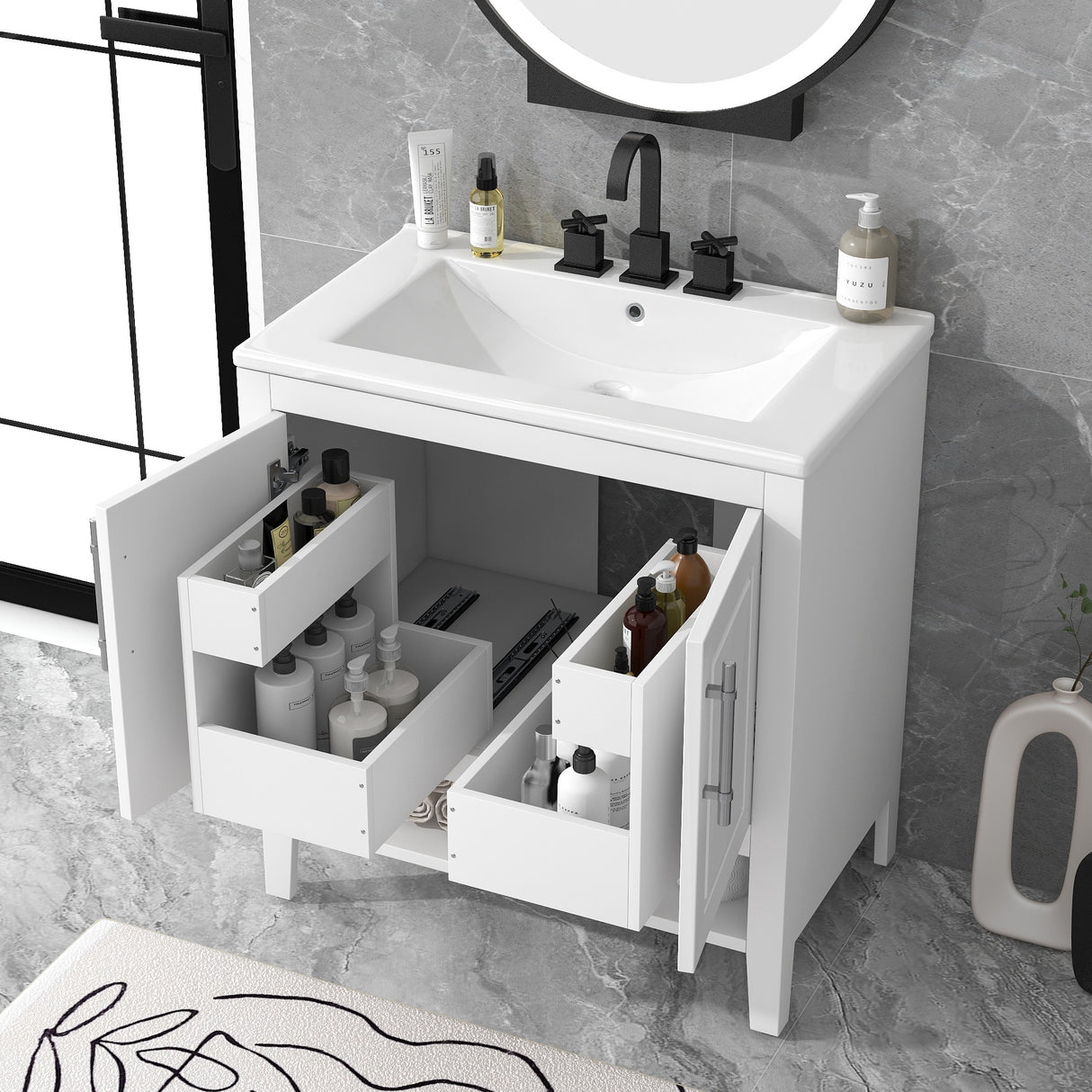 30" Bathroom Vanity with Sink  Multi-functional Bathroom Cabinet with Doors and Drawers Solid Frame and MDF Board, White - V.I.P Digital Presence