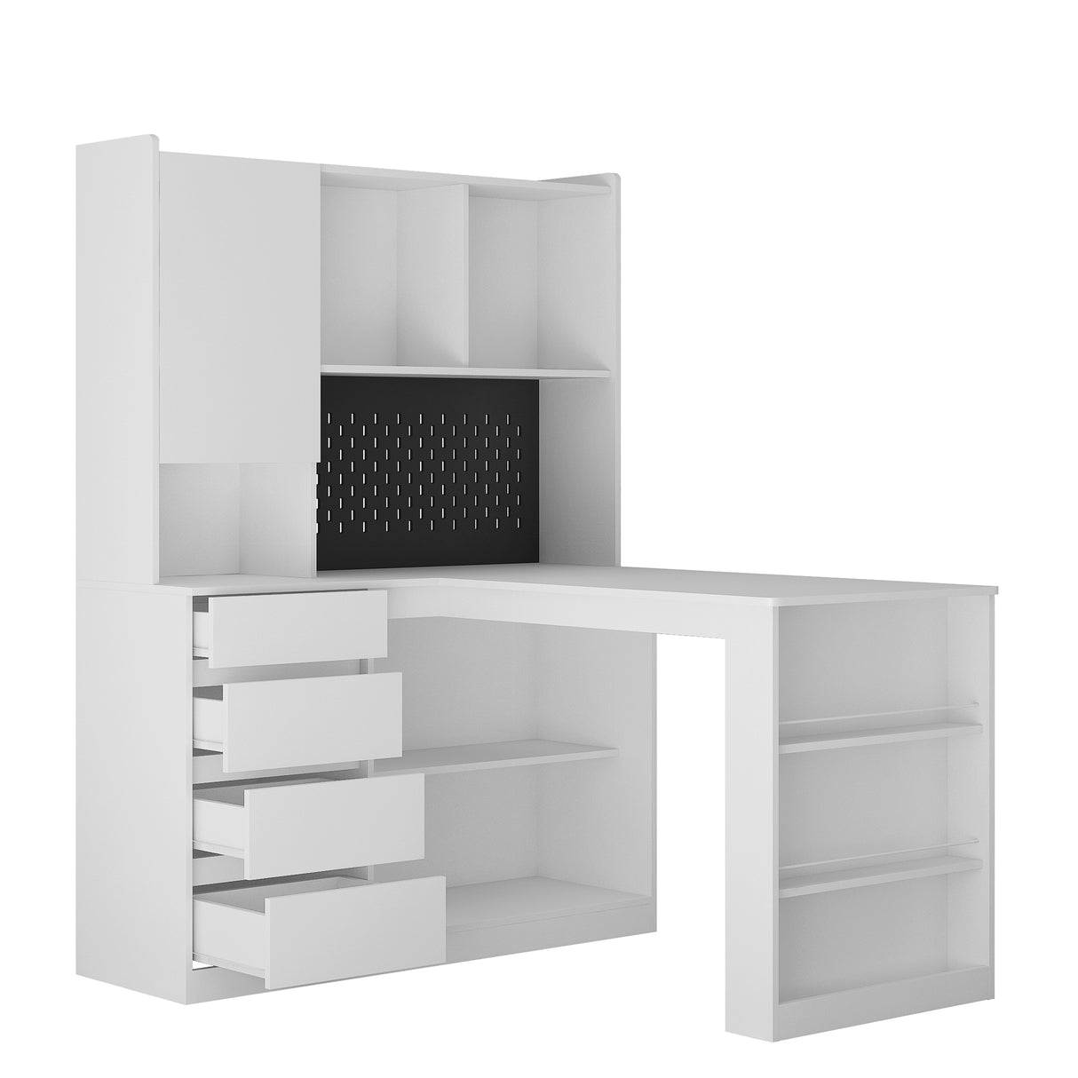 L-shaped office desk with charger, bookshelf with drawers and LED lights, and corner gaming computer desk with storage space - V.I.P Digital Presence