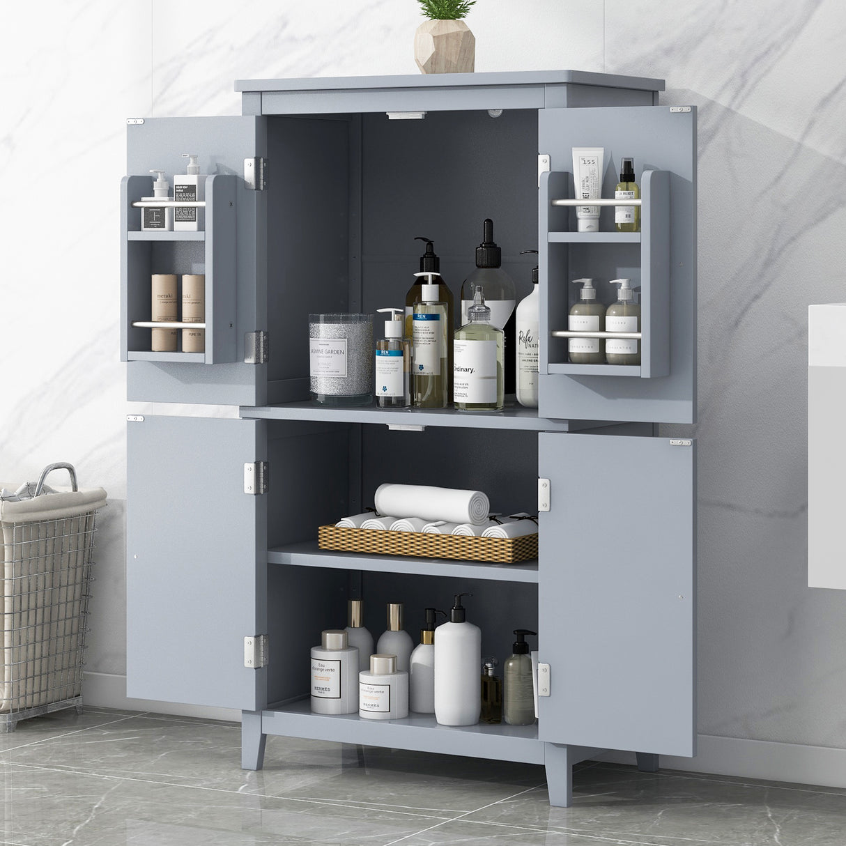 Bathroom floor storage cabinet, bathroom storage cabinet, 4-door independent cabinet, adjustable shelf, adaptive shelf, gray - V.I.P Digital Presence