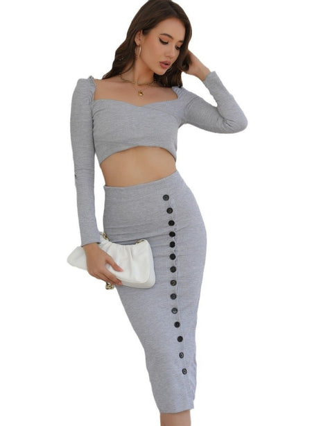 Sexy Knitted Dress Set - Long Sleeve Crop Top + Bodycon Slit Skirt - V.I.P Digital Presence