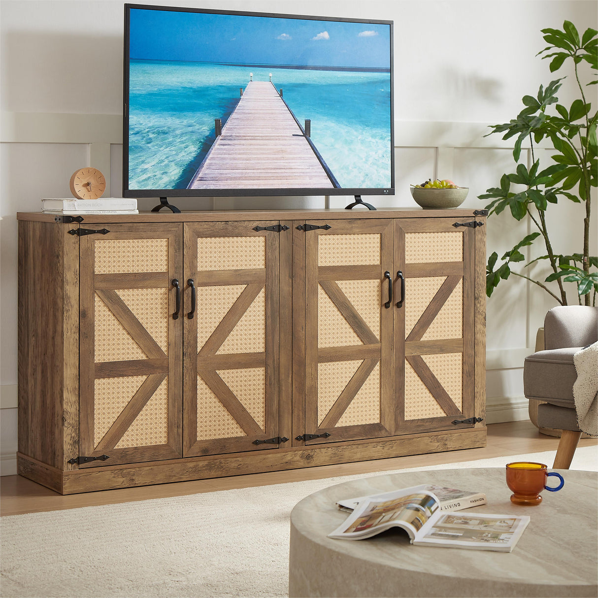 65-Inch Rustic Oak Color Faux Rattan Sideboard, Barn Door Rustic Style Sideboard, Living Room, Entryway, Bedroom - V.I.P Digital Presence