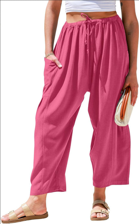 European and American women's elastic waisted pleated high waisted wide leg loose Haren cotton linen pants - V.I.P Digital Presence