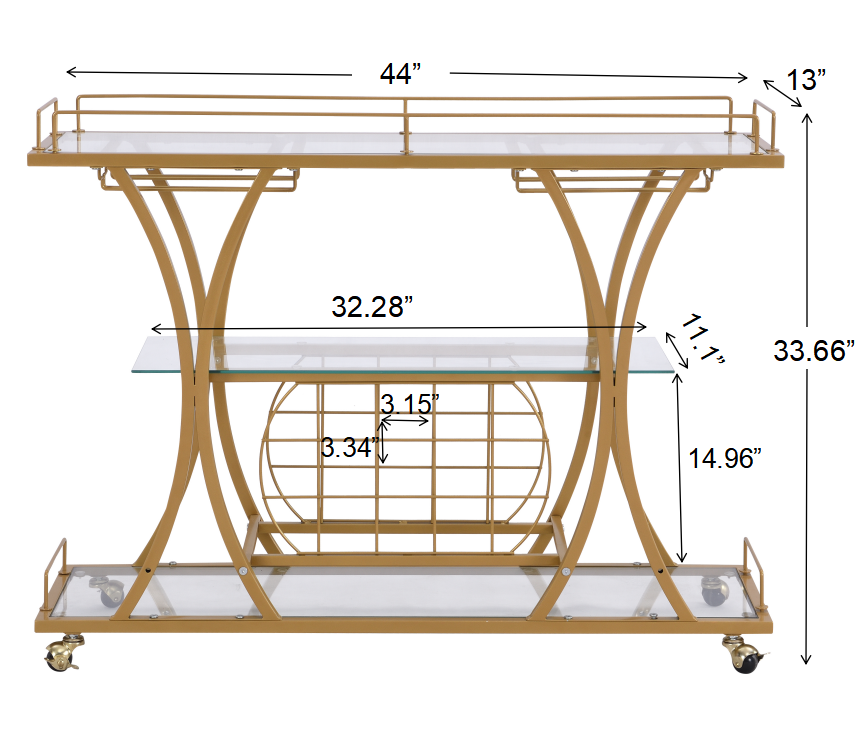Golden Bar Cart with Wine Rack Tempered Glass Metal Frame Wine Storage - V.I.P Digital Presence