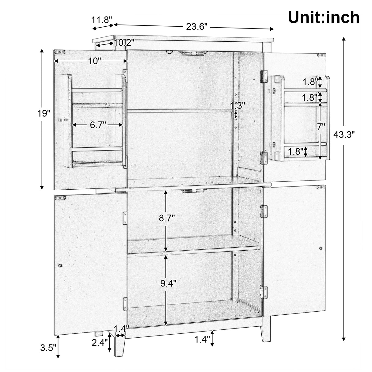 Bathroom floor storage cabinet, bathroom storage unit, 4-door independent cabinet, adjustable shelf, adaptive shelf, white - V.I.P Digital Presence