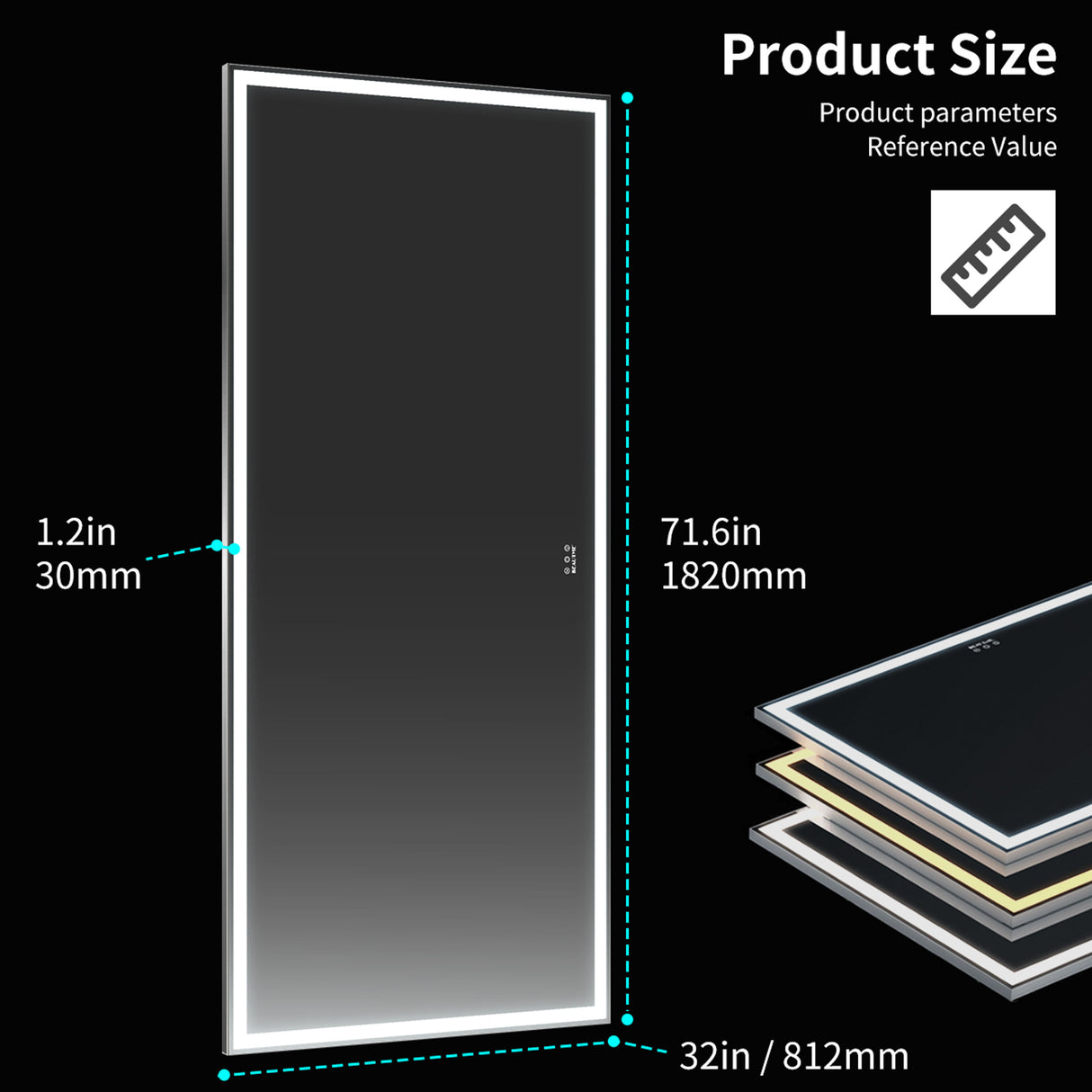 72X32 inch large LED bathroom mirror wall mounted mirror with 3 color modes, aluminum frame wall mounted light, full body mirror - V.I.P Digital Presence