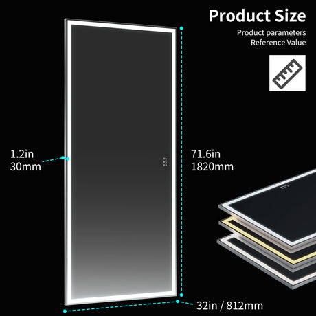 72X32 inch large LED bathroom mirror wall mounted mirror with 3 color modes, aluminum frame wall mounted light, full body mirror - V.I.P Digital Presence