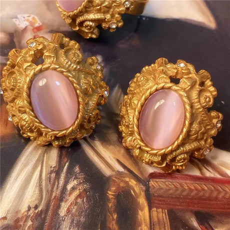 Vintage Metal Stud Earrings Natural Stone Opal Brass for Women Gold Color Jewelry New Elegant Travel Gift - V.I.P Digital Presence