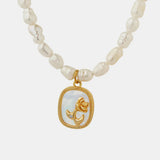 French Baroque freshwater pearl chain oval plate inlaid with zircon colored shell relief flower necklace - V.I.P Digital Presence