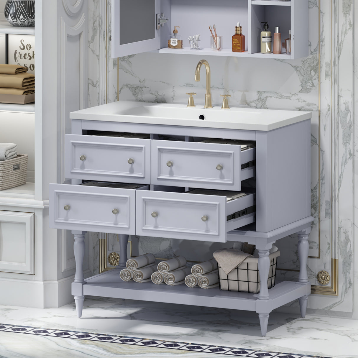 36" Bathroom Vanity Cabinet with Sink Combo Set, Undermount Resin Sink, Free Standing Vanity Set with 4 Drawers Blue - V.I.P Digital Presence