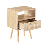15.75" Rattan End table with drawer and solid wood legs Modern nightstand side table for living room natural - V.I.P Digital Presence