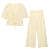 Elegant Solid Color Bubble Sleeve Blouse and Long Pants  Style Fashion Casual Loose Fit - V.I.P Digital Presence