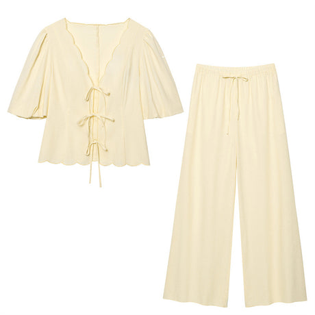 Elegant Solid Color Bubble Sleeve Blouse and Long Pants  Style Fashion Casual Loose Fit - V.I.P Digital Presence
