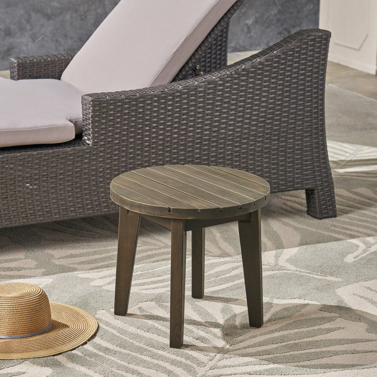 Outdoor 16" Acacia Wood Side Table, Gray Finish - V.I.P Digital Presence