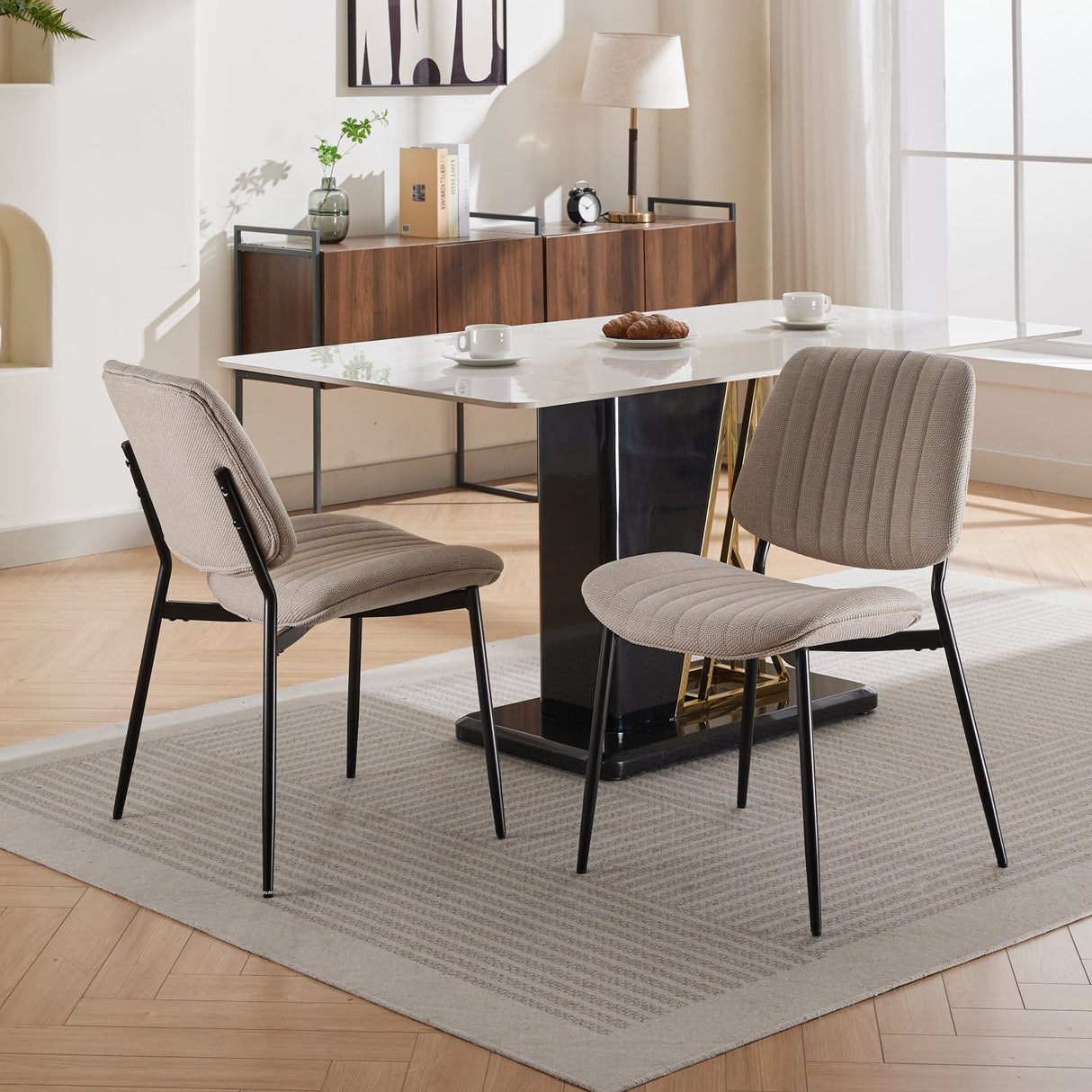 2-piece retro linen chair set with curved wooden backrest, cushioned seat, adjustable metal legs, (Beige Linen) - V.I.P Digital Presence