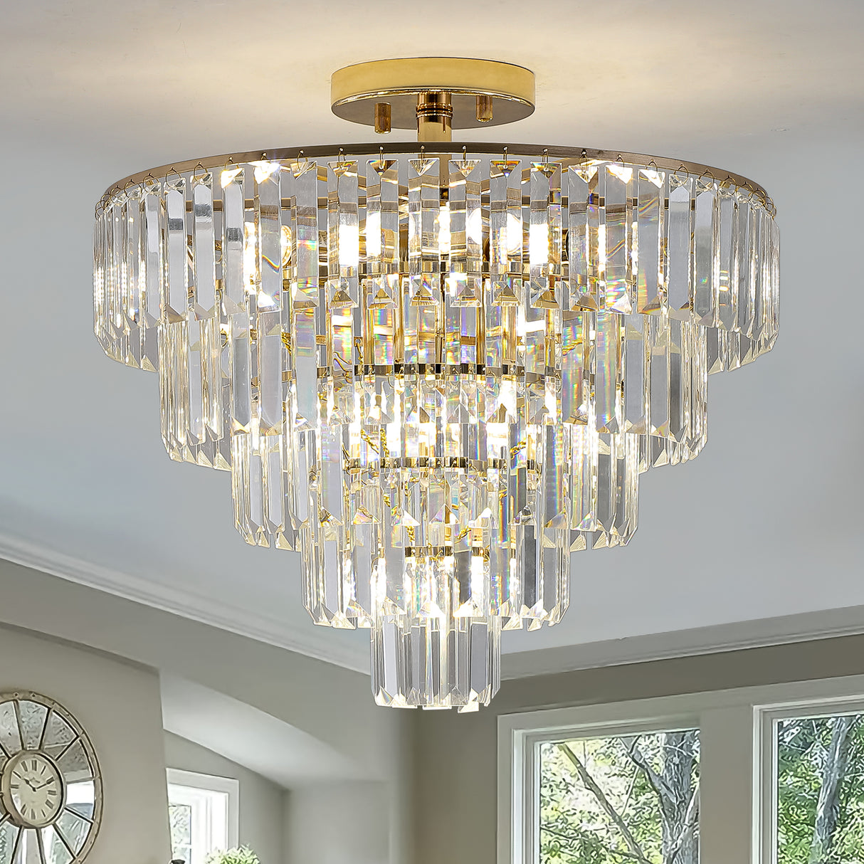 Gold Crystal Chandeliers,5-Tier Round Semi Flush Mount Chandelier Light Fixture,Large Contemporary Luxury Ceiling Lighting - V.I.P Digital Presence