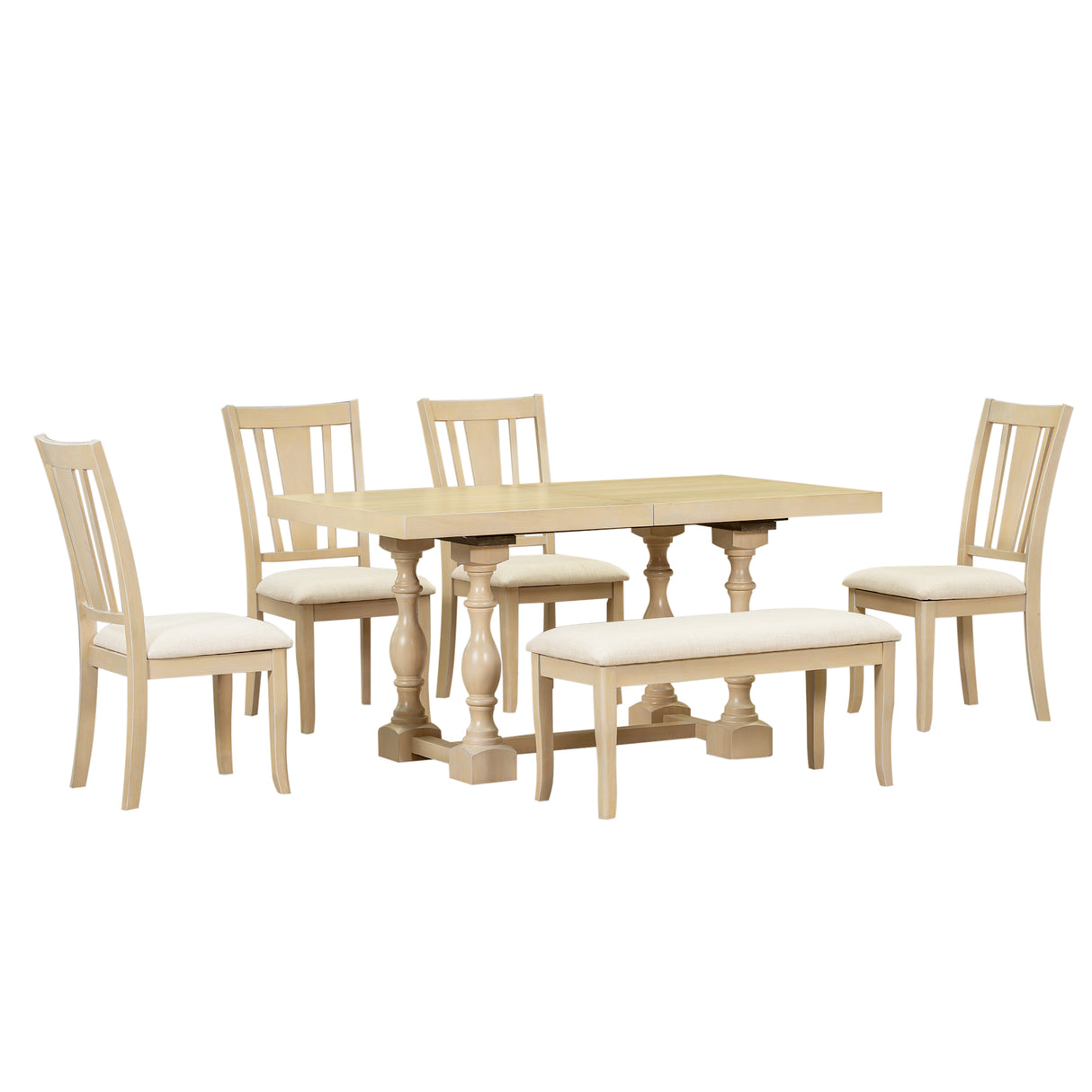 Traditional 6-Piece 78inch Trestle Extendable Dining Table Set with One 18inch Removable Leaf Padded Dining Chairs Bench,Natural - V.I.P Digital Presence
