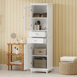 High bathroom storage cabinet with glass door, freestanding, two drawers and adjustable shelves, MDF board, painted white - V.I.P Digital Presence