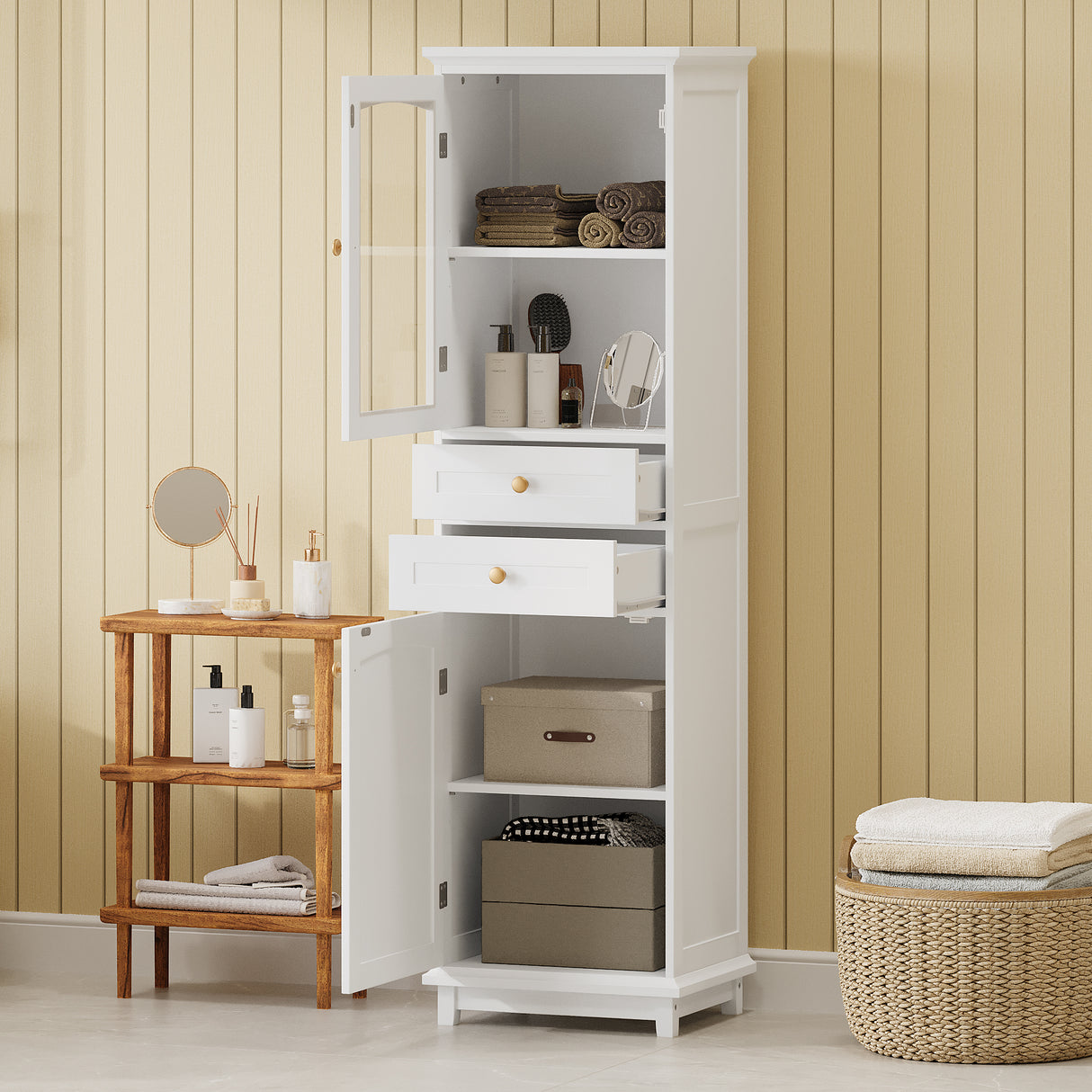 High bathroom storage cabinet with glass door, freestanding, two drawers and adjustable shelves, MDF board, painted white - V.I.P Digital Presence