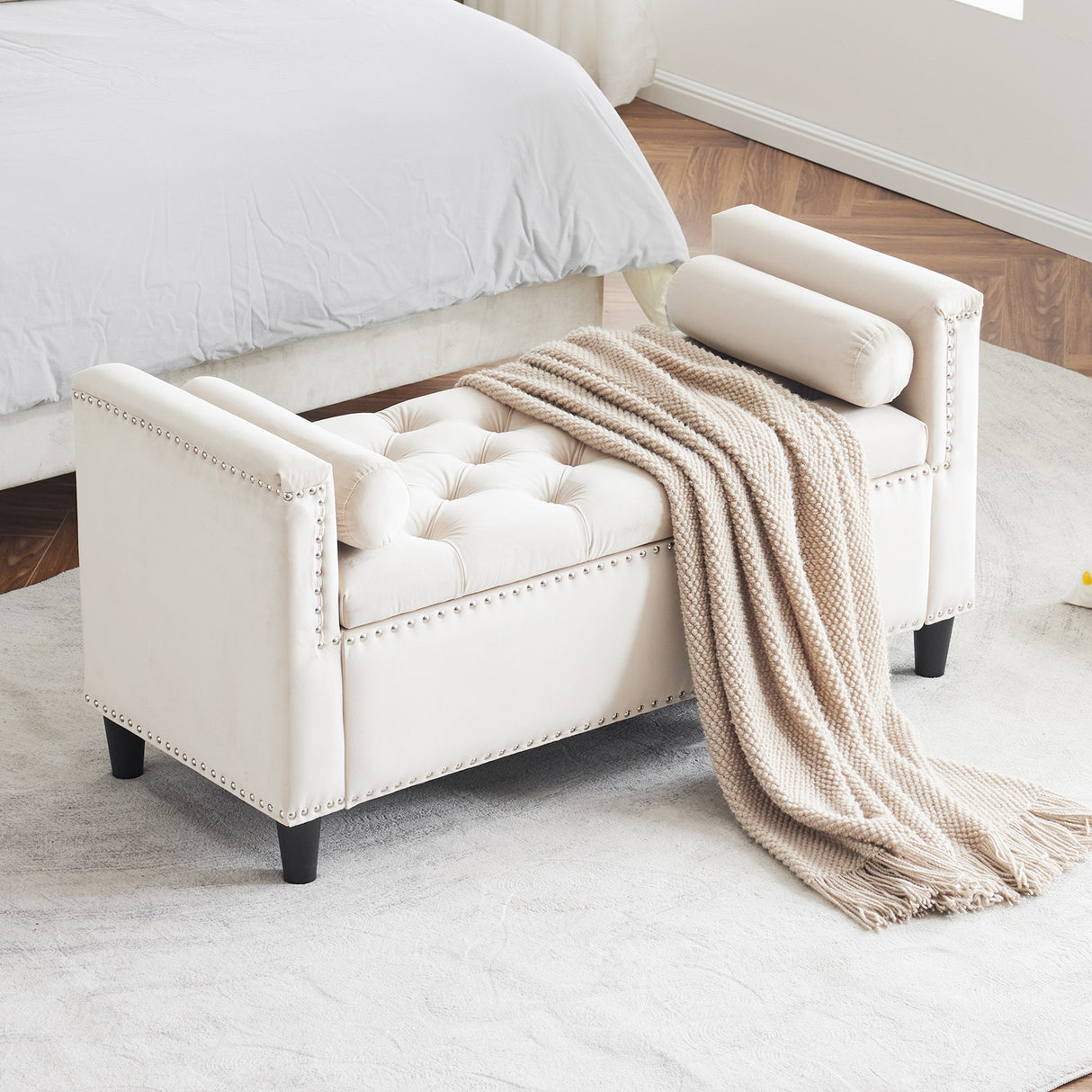 Storage Bench, 44.5-Inch Queen Velvet Button Bedside Bench, Entryway Living Room with Armrests, Nailhead Trim Cream White - V.I.P Digital Presence