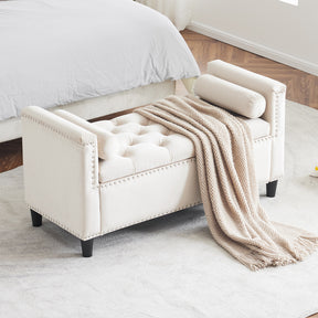 Storage Bench, 44.5-Inch Queen Velvet Button Bedside Bench, Entryway Living Room with Armrests, Nailhead Trim Cream White - V.I.P Digital Presence
