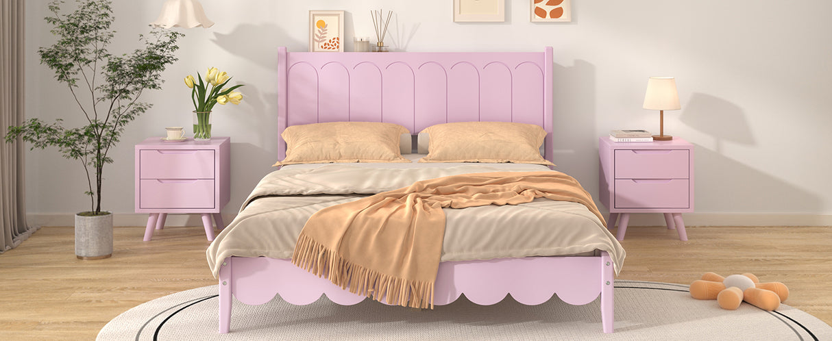Full Size Wood Platform Bed Frame, Retro Style Bed with Rectangular Headboard,No Need Box Spring,Pink - V.I.P Digital Presence
