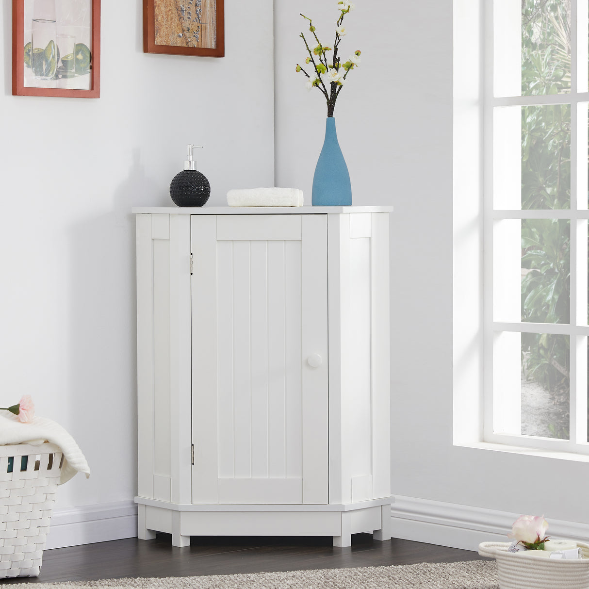 White Bathroom Cabinet Triangle Corner Storage Cabinet with Adjustable Shelf Modern Style MDF Board - V.I.P Digital Presence