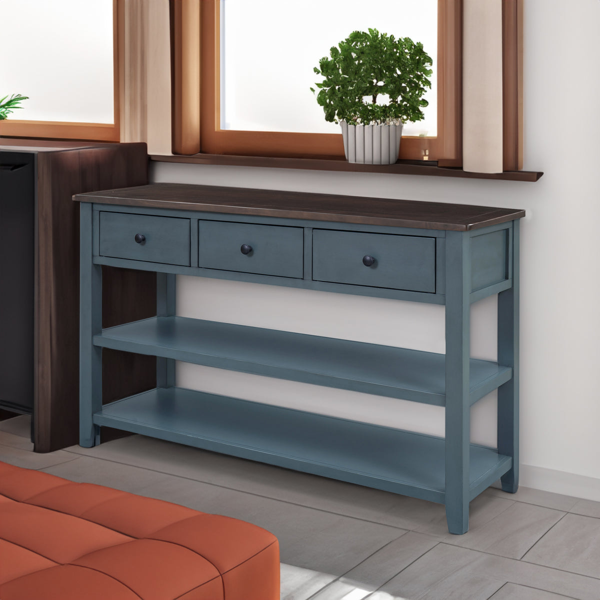 Retro Design Console Table with Two Open Shelves, Pine Solid Wood Frame and Legs for Living Room (Navy) - V.I.P Digital Presence