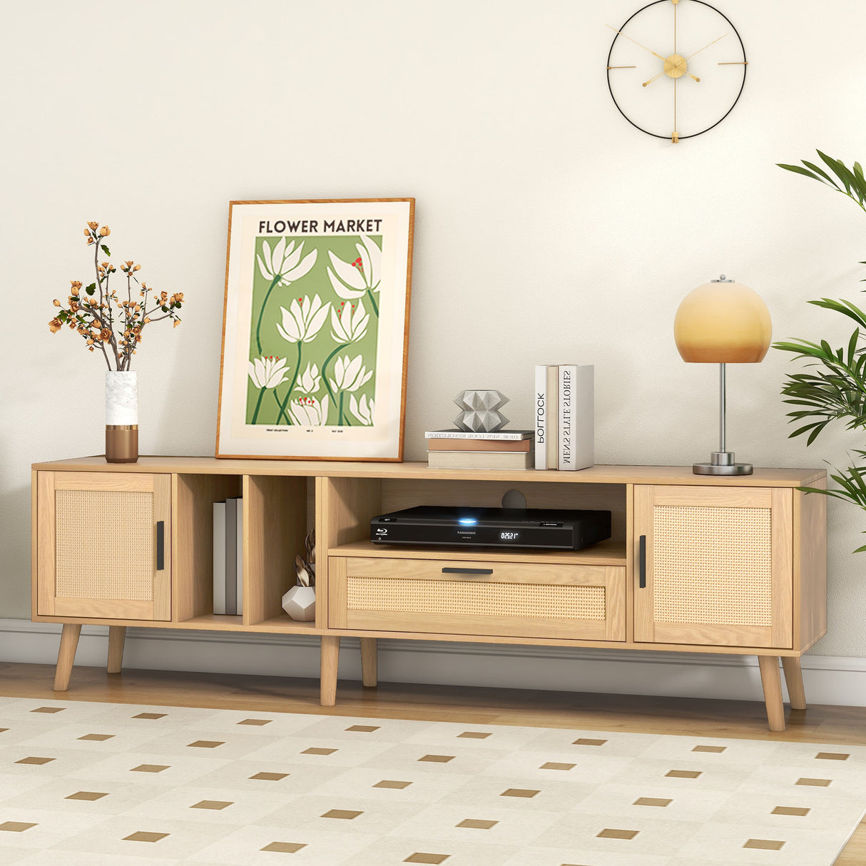 Vine TV stand with 2 cabinets and 2 open shelves, suitable for TVs under 80 inches, with solid wood legs for TV cabinets - V.I.P Digital Presence