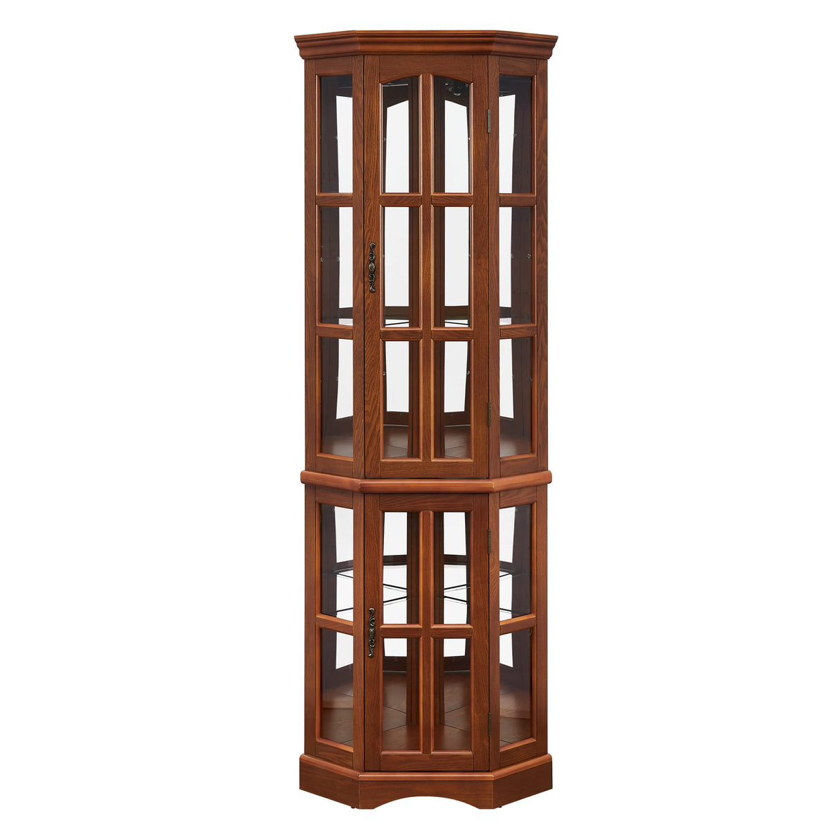 Corner Curio Cabinet with 5 Shelves and Lighting System, Oak(E26 light bulb not included) - V.I.P Digital Presence