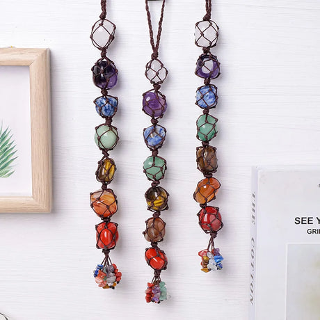 Natural crystal seven color rolling stone car hanging hand woven energy stone shaped mesh bag pendant - V.I.P Digital Presence