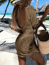 Backless Openwork Drawstring Round Neck Cover Up - V.I.P Digital Presence
