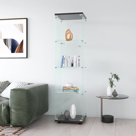 4 glass display cabinets with door shelves, floor standing antique bookshelf, 64.7 "* 16.7" * 14.3 ", black - V.I.P Digital Presence