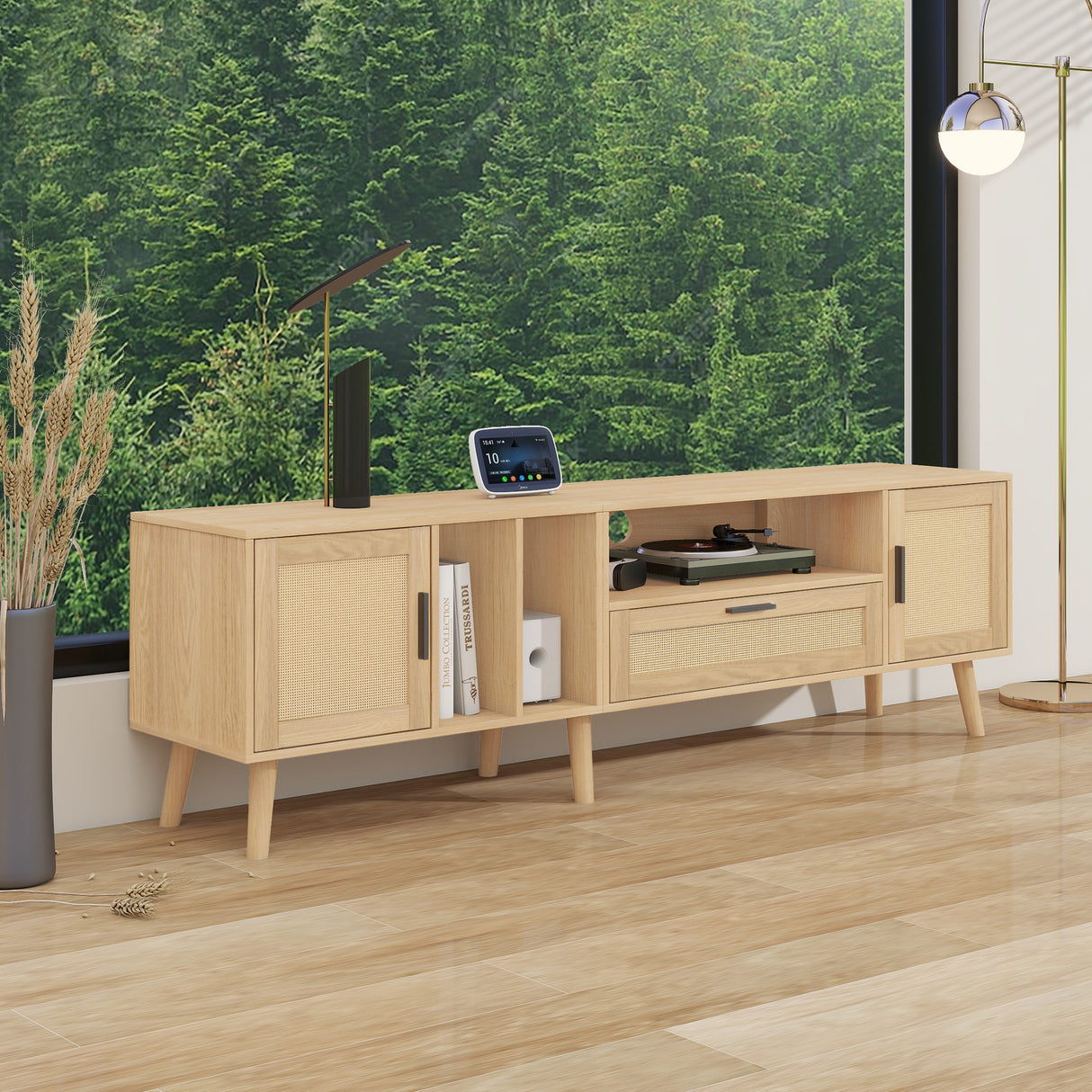 Vine TV stand with 2 cabinets and 2 open shelves, suitable for TVs under 80 inches, with solid wood legs for TV cabinets - V.I.P Digital Presence