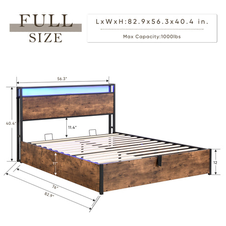 Elevating storage bed frame, full-size bed frame with bookshelf headboard and LED lights, with country brown color - V.I.P Digital Presence